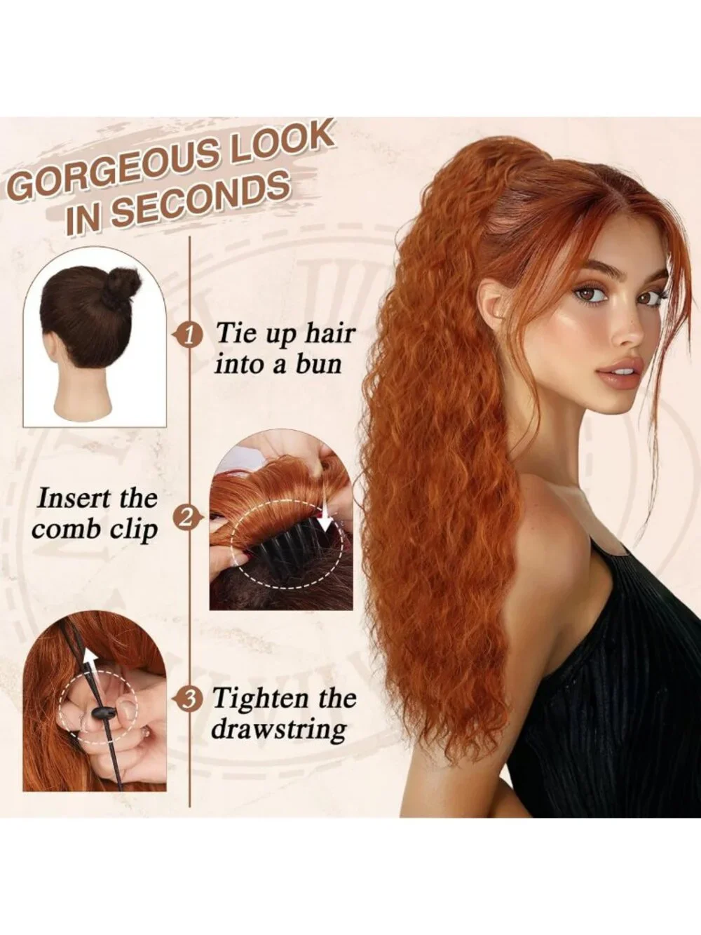 Burgundy Curly Drawstring Ponytail Extension – Long Wavy Synthetic Hairpiece for